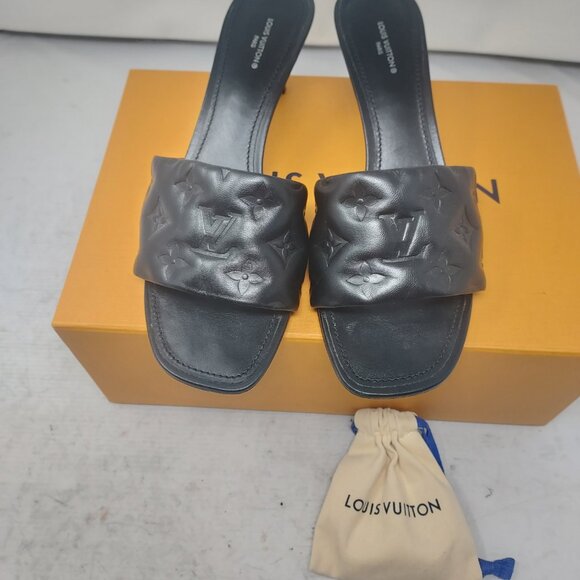 LOUIS VUITTON Monogram Black Embossed Revival Heel Sandal - Picture 11 of 12